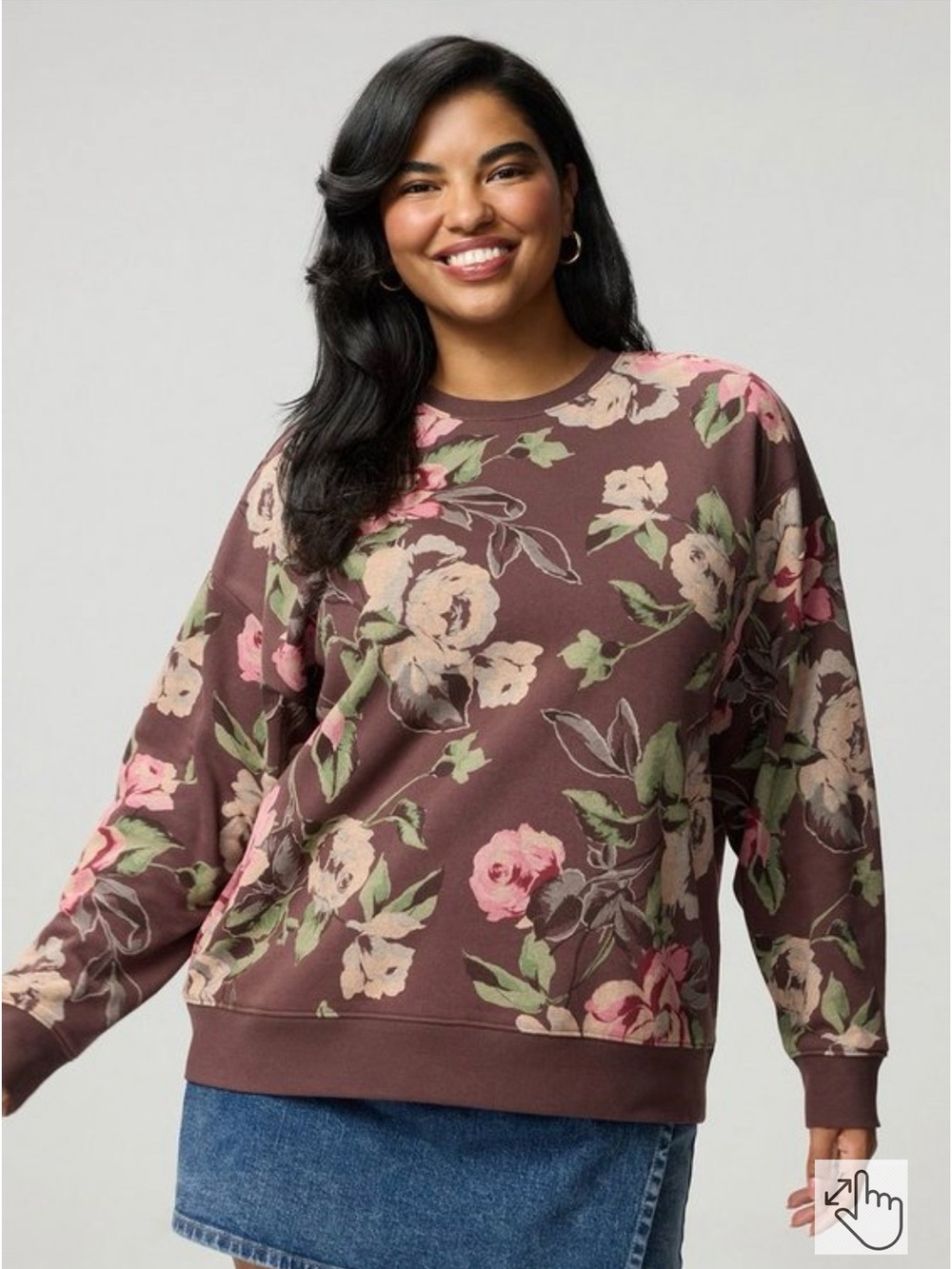 Torrid 1X Floral Crewneck Sweatshirt - Brown Pink Floral